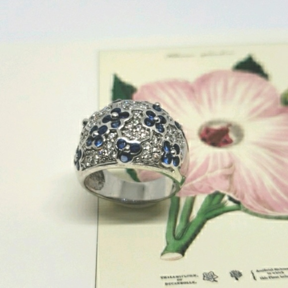 Floral sapphire blue CZ Silver Fashion dome Ring